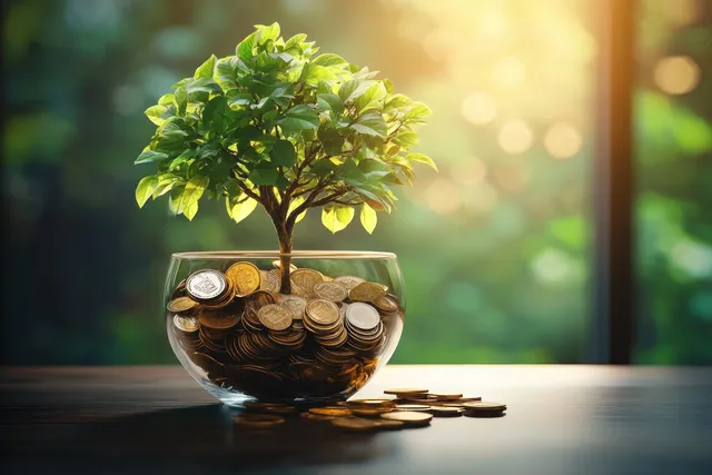Small green tree growing from a glass bowl of gold coins on a wooden table with warm sunlight behind.