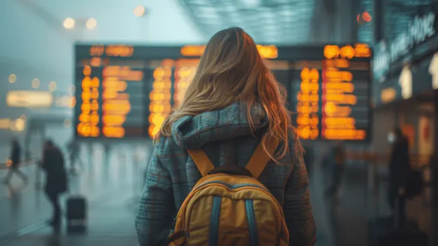Woman with yellow backpack studies flight information board inside airport terminal hall