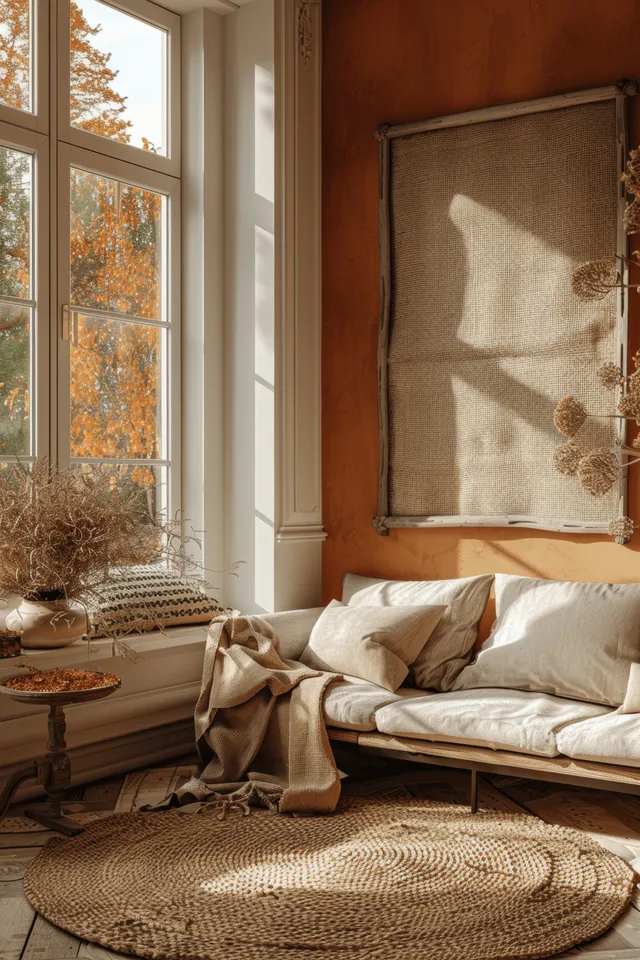 Fabric sofa with pillows sits against a beige wall beside large windows and a framed poster under warm sunlight.