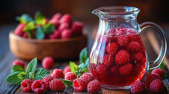 Clear glass pitcher filled with raspberry juice surrounded by fresh raspberries and green leaves on rustic wood.