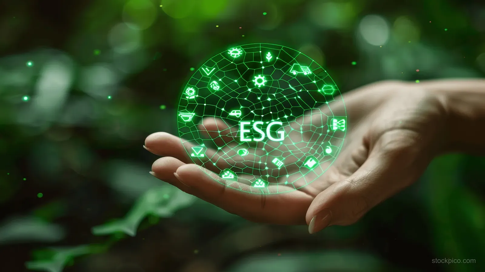 A hand holds a glowing ESG globe icon with solar energy circuitry on a green sustainability background.