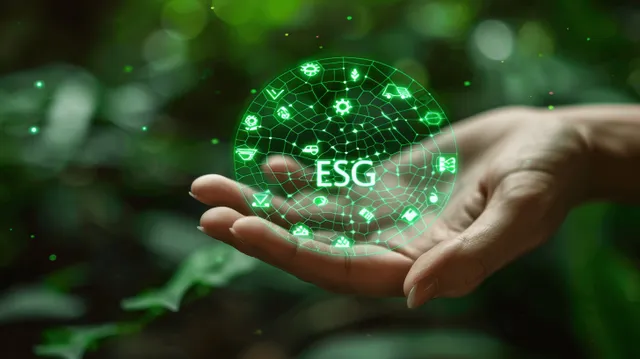 A hand holds a glowing ESG globe icon with solar energy circuitry on a green sustainability background.