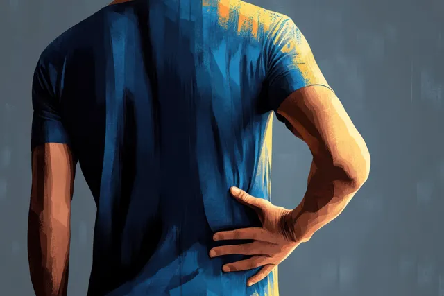 A person in a blue shirt holds their lower back with one hand while seen from behind.