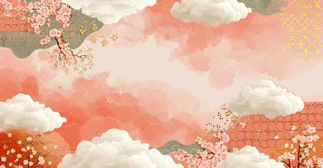 Pastel peach Japanese cloud pattern with golden hexagonal shimmer and cherry blossoms