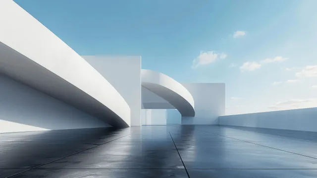 Empty futuristic concrete corridor with curved overhangs and a dark floor leading toward the horizon.