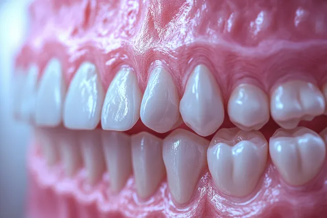 Close-up 3D render of molar teeth showing plaque and tartar with gums and calculus around the enamel.
