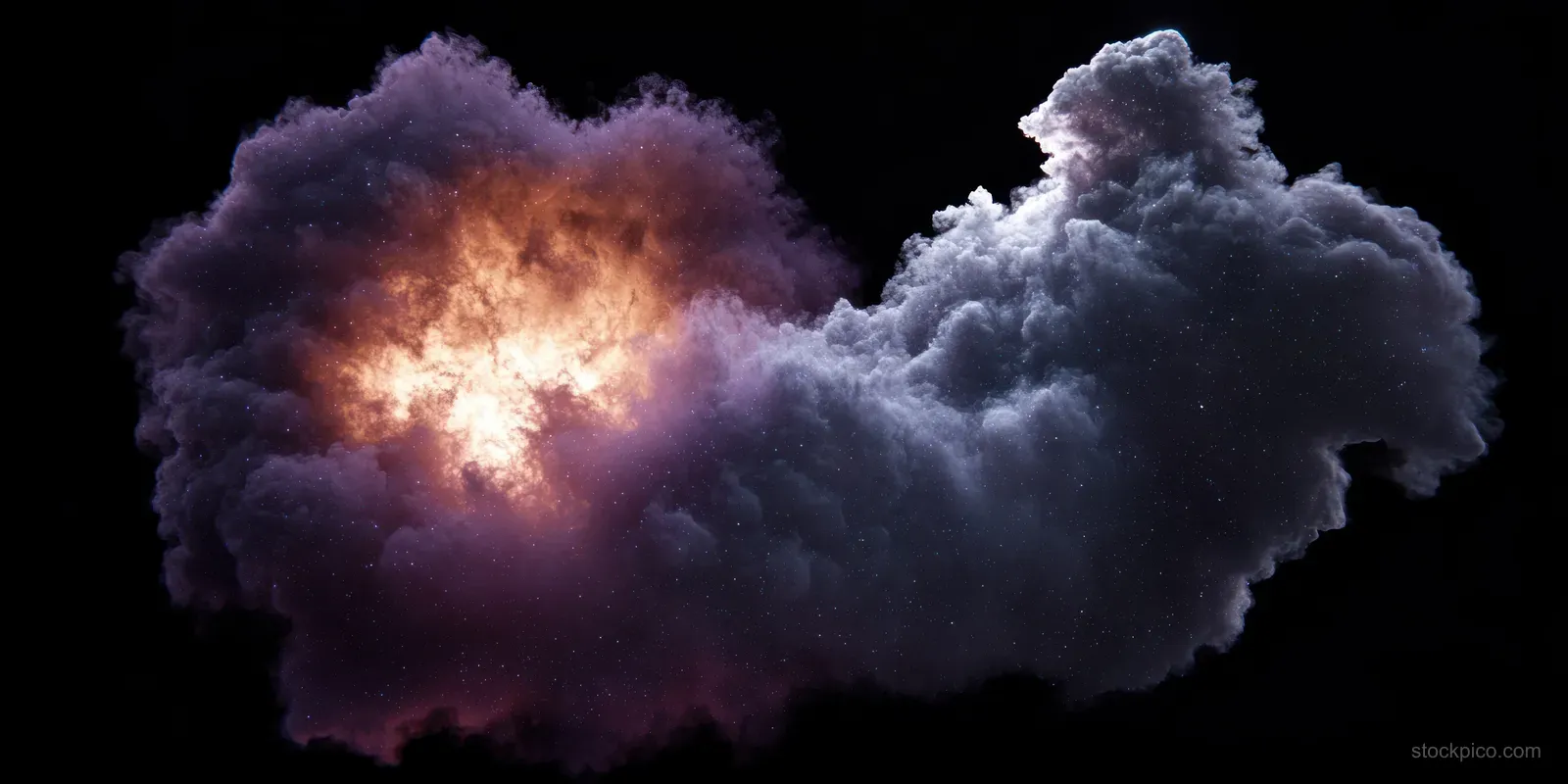 A bright fireball merges into a dense dark smoke cloud on a black background.