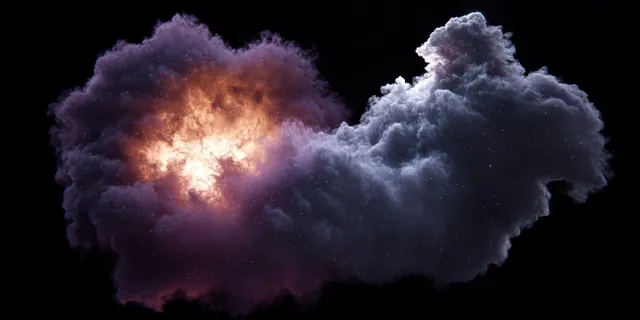 A bright fireball merges into a dense dark smoke cloud on a black background.