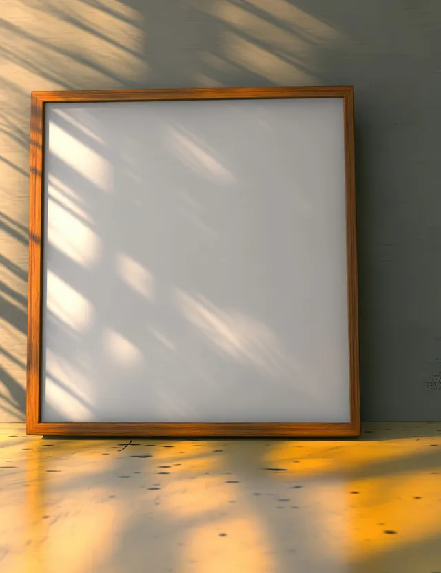 A blank canvas in a wooden frame sits on a wall with strong sunlit leaf shadows.