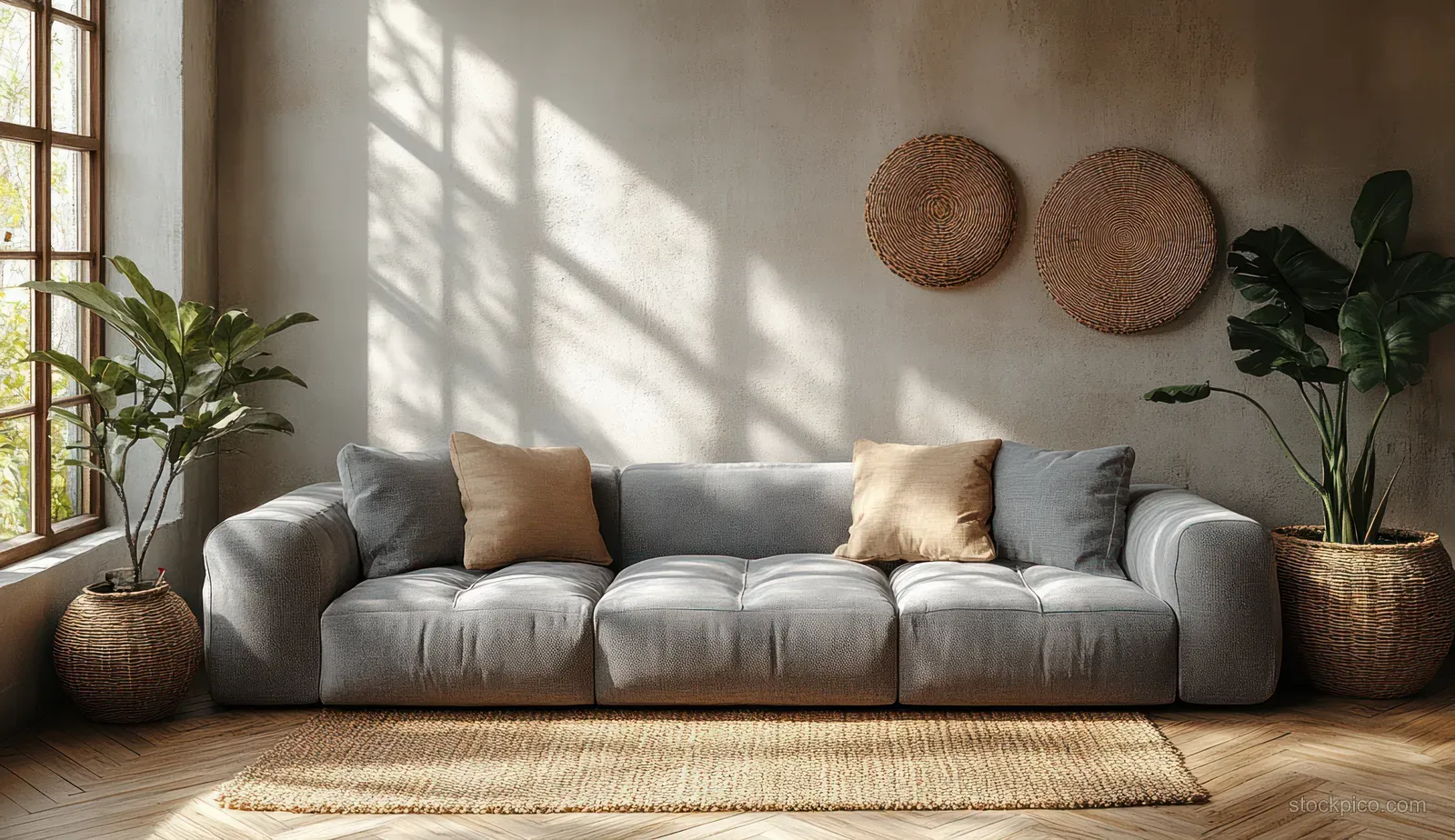 Grey sectional sofa in a bright living room with sunlight shadows and woven round wall decorations.