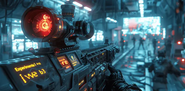 Futuristic rifle with glowing holographic health and data displays down a neon industrial corridor.