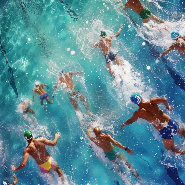 Several male freestyle swimmers race underwater, surrounded by bubbles and splashing water in bright daylight.