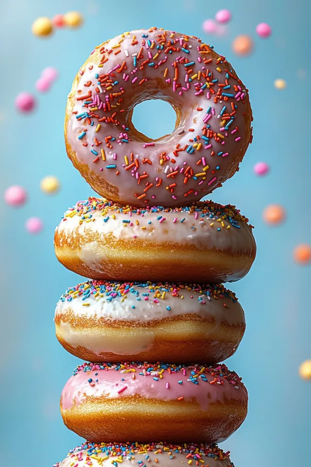 Four glazed donuts stacked together, covered with colorful sprinkles on a light blue background.