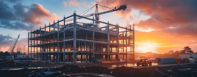 Steel-framed office building under construction with concrete walls and a tower crane silhouetted against a sunset.