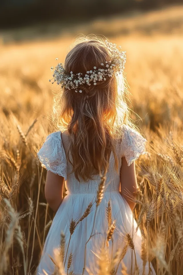 Back view of a young girl in a white dress and flower crown standing in a golden wheat field at sunset.