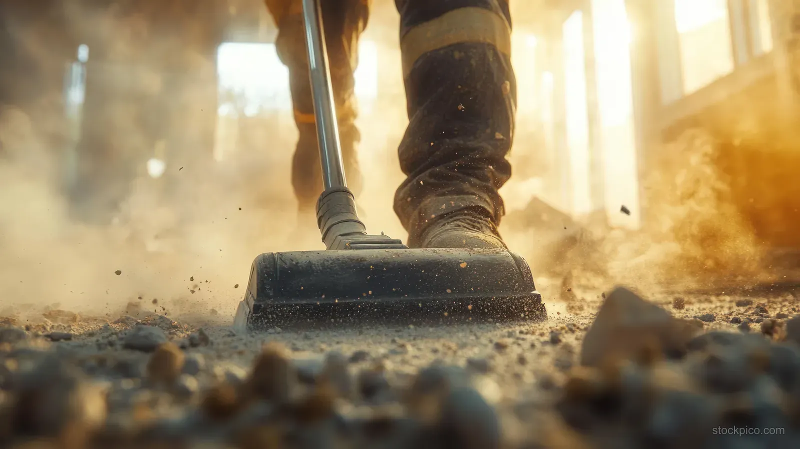 Boots vacuum a dusty floor in a sunlit room while dust particles swirl in the air.