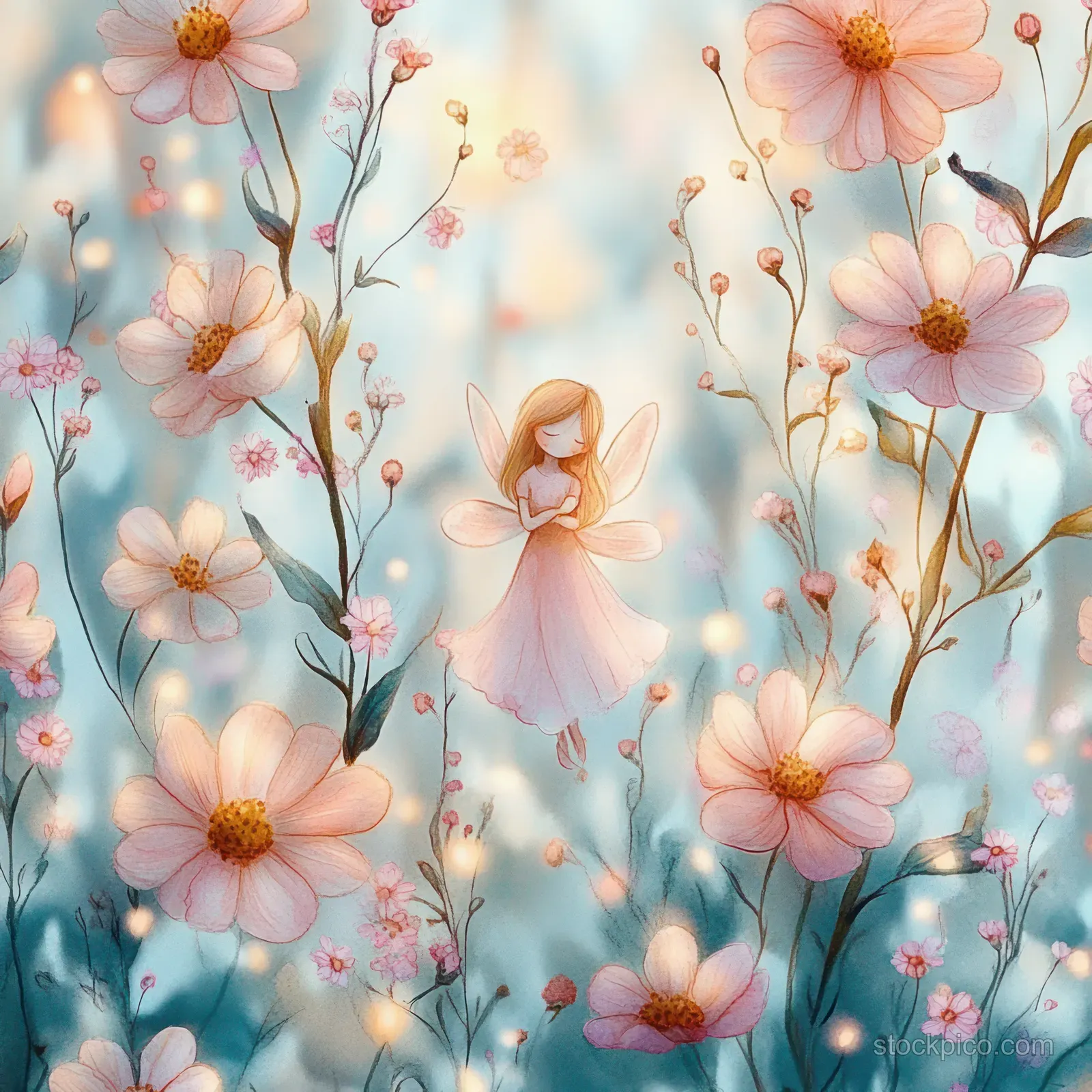 Pastel watercolor fairy girl silhouette among blooming flowers with glowing firefly-like dots in the background.