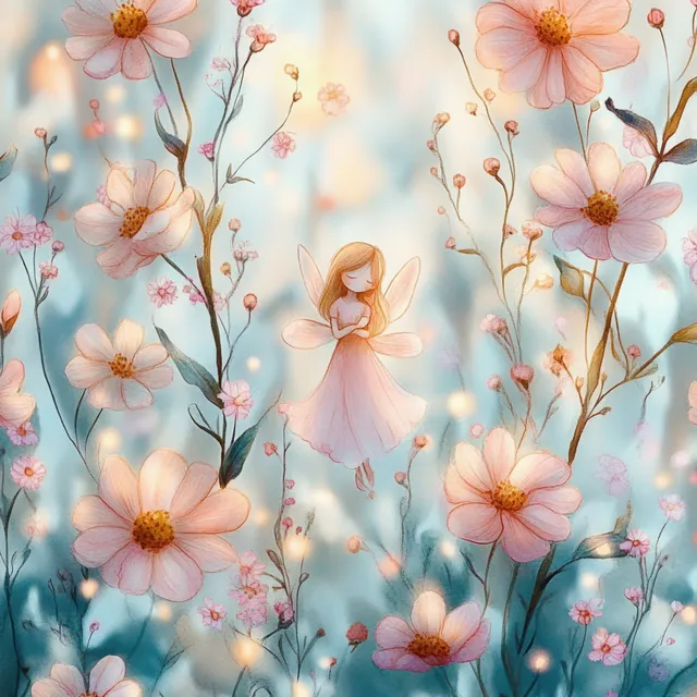 Pastel watercolor fairy girl silhouette among blooming flowers with glowing firefly-like dots in the background.