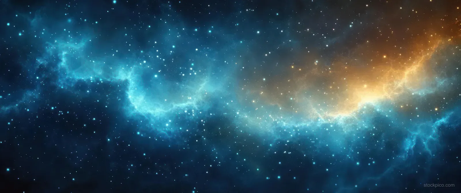 A glowing blue and golden nebula cloud stretches across a star-filled dark space background.