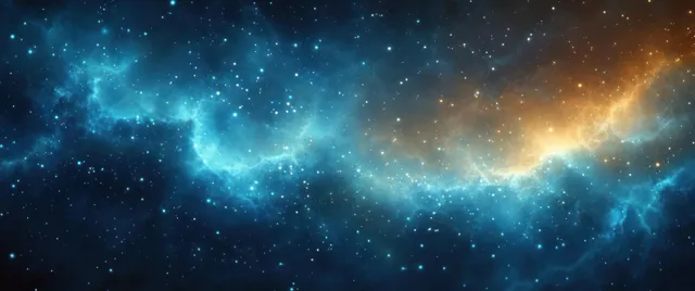 Glowing blue and gold nebula clouds stretching across a star-filled deep space backdrop