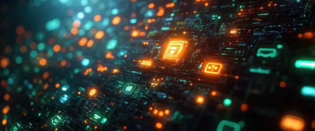 Glowing service icon tiles floating over a green digital circuit backdrop
