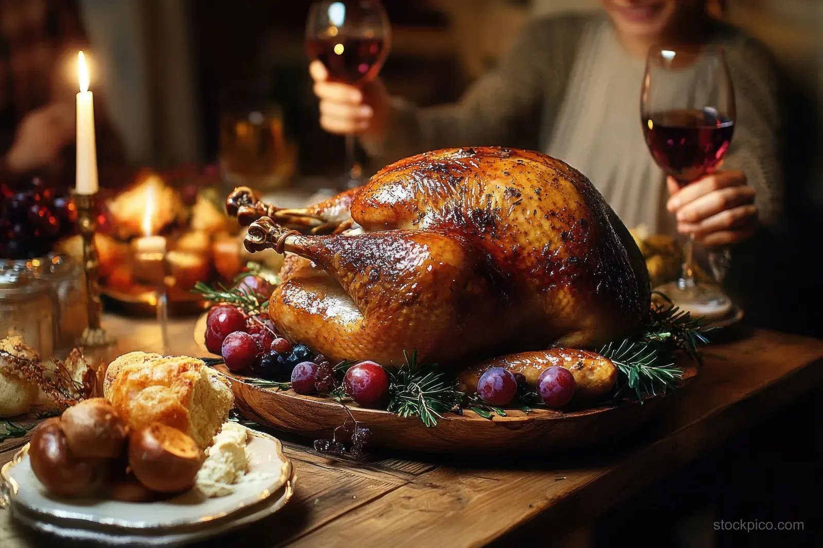 Roasted turkey on a rustic table with people holding wine glasses and candles in the softly lit background.
