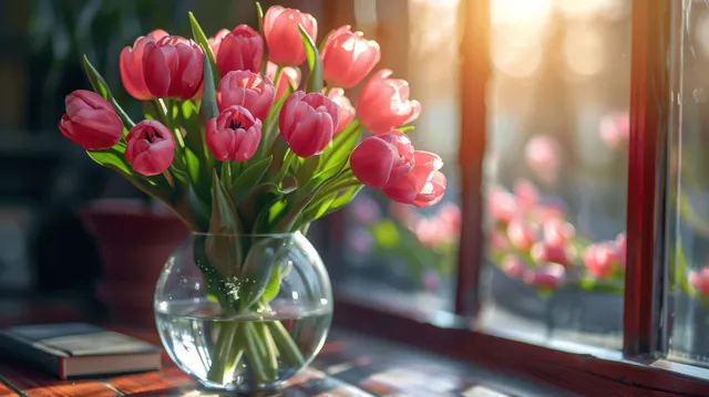 Pink Tulips in Glass Vase on Sunny Windowsill with Book