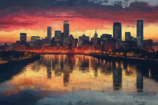 Saint Paul skyline at twilight reflected on the Mississippi River beneath a glowing orange sky.