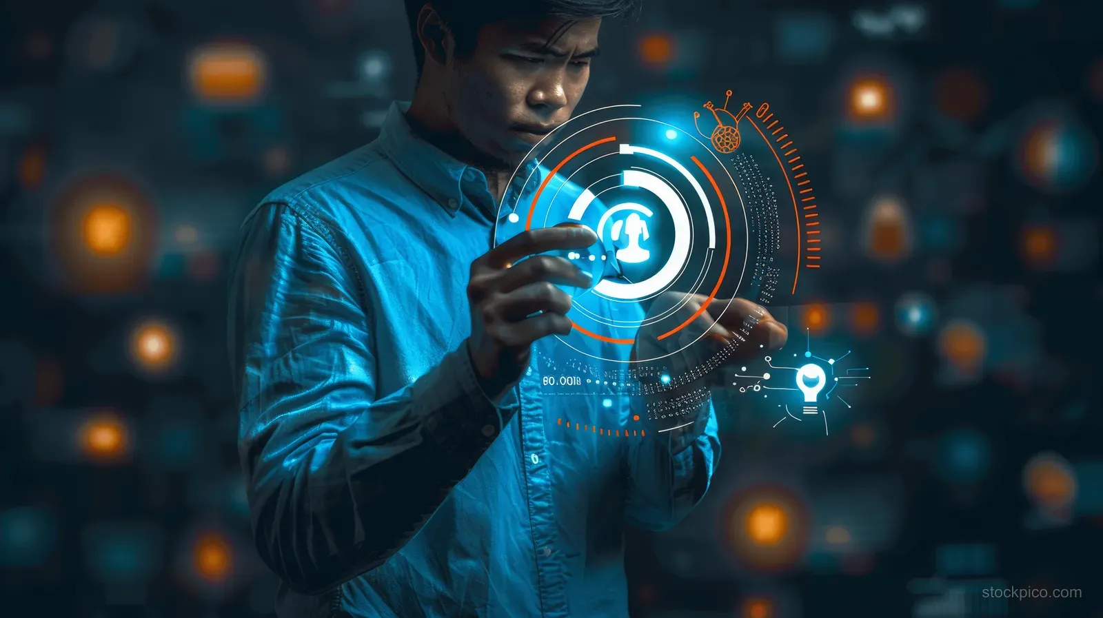 Businessman magnifying a glowing copyright symbol over a dark tech-themed background with floating icons.