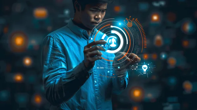 Businessman magnifying a glowing copyright symbol over a dark tech-themed background with floating icons.