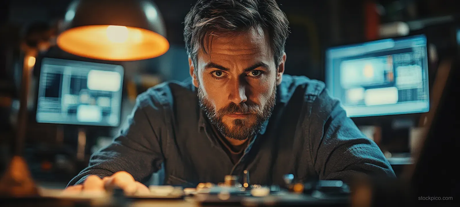An engineer tests a circuit board at a workbench while monitor screens glow behind him in a technology lab.