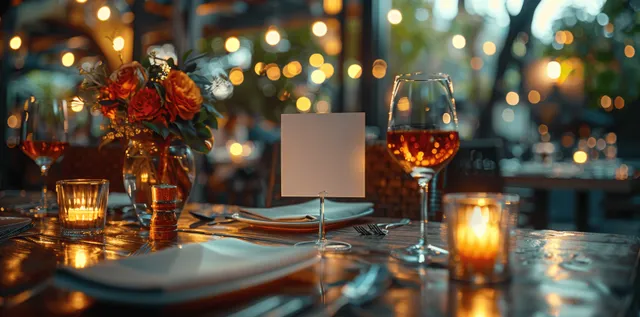 Luxury restaurant table with blank menu card, candles, wine glasses, and soft bokeh lights