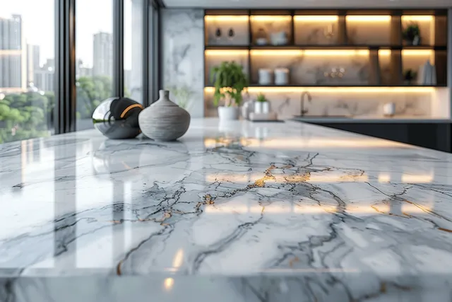 White marble kitchen countertop with daylight, blurred sink and shelves for clean product staging