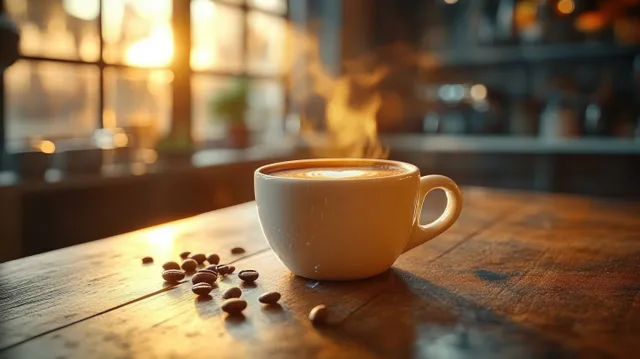 Steaming latte cup with foam art on wooden table, scattered coffee beans in warm sunlight