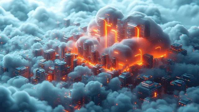 Cloud servers pulsing with data streams, scalable infrastructure above swirling blue vapor clouds