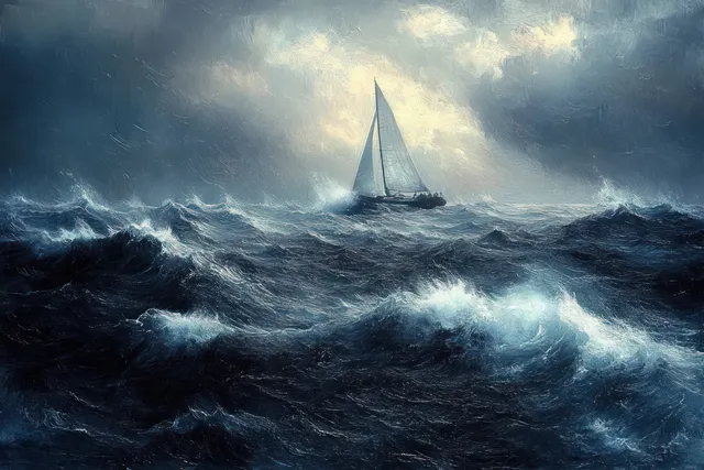 A sailboat navigates turbulent dark waves in a stormy ocean under cloudy skies with dramatic light.