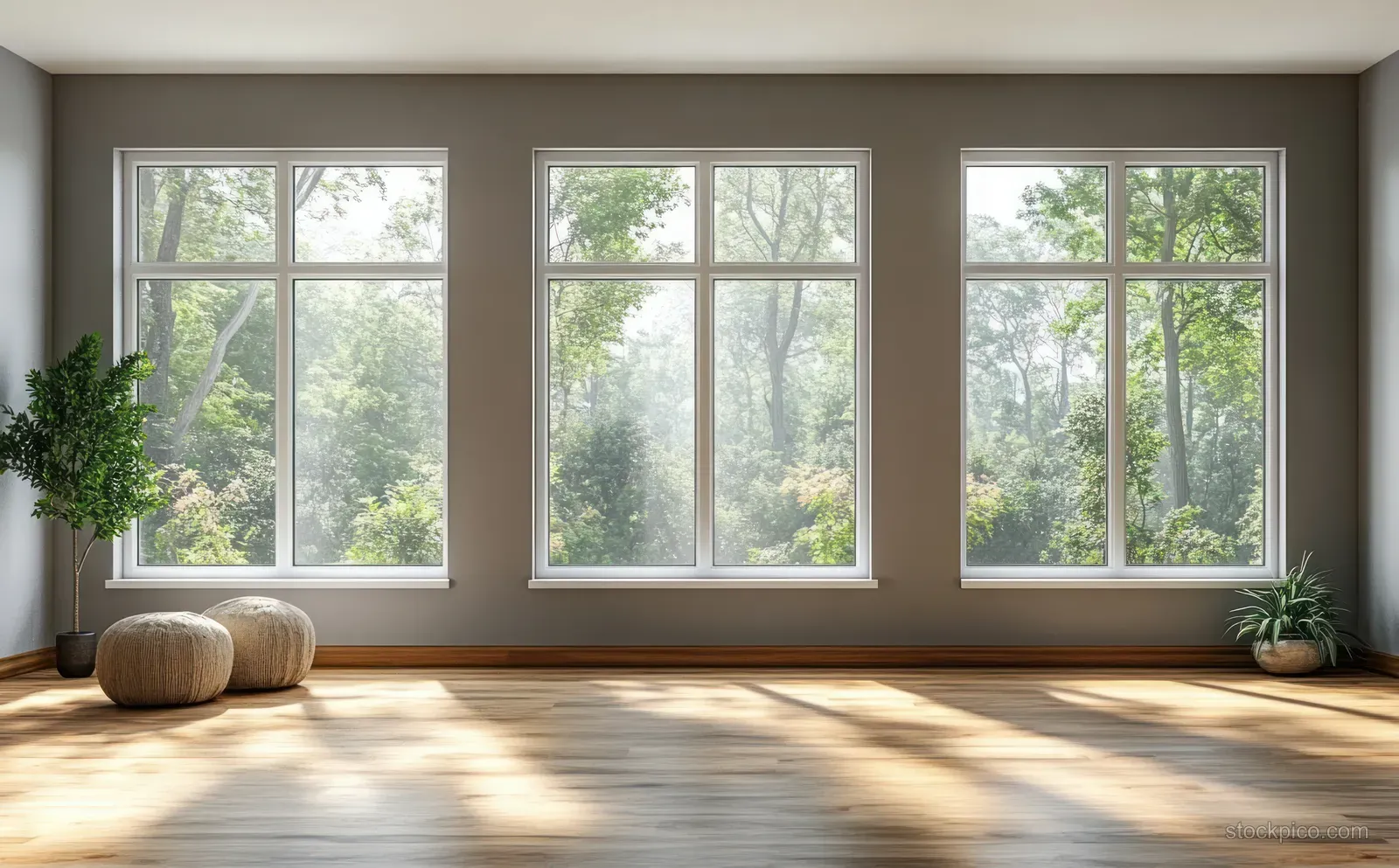 Empty minimalist living room with three large windows, light grey walls, and warm wooden flooring in sunlight.