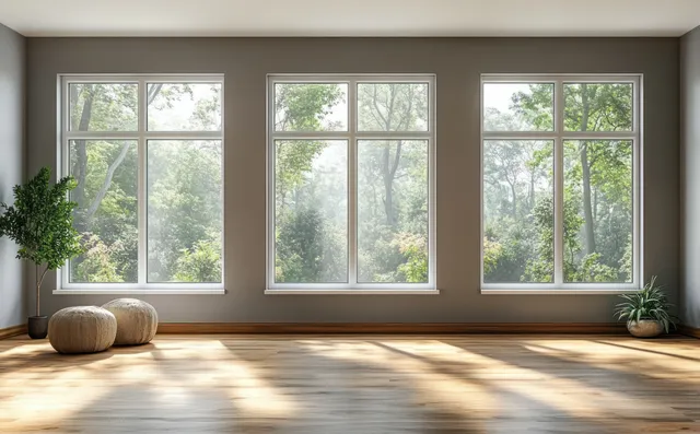 Empty minimalist living room with three large windows, light grey walls, and warm wooden flooring in sunlight.