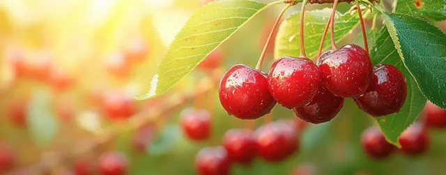 Ripe red cherries hang from a branch with green leaves and small dew droplets in warm morning light.