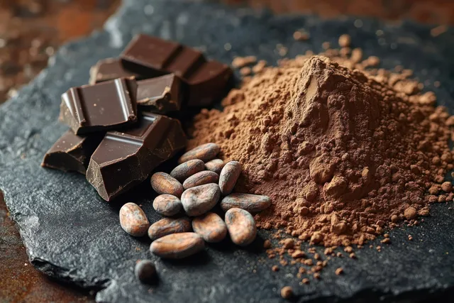 Cacao beans, cocoa powder, and broken dark chocolate rest on a dark slate stone surface.