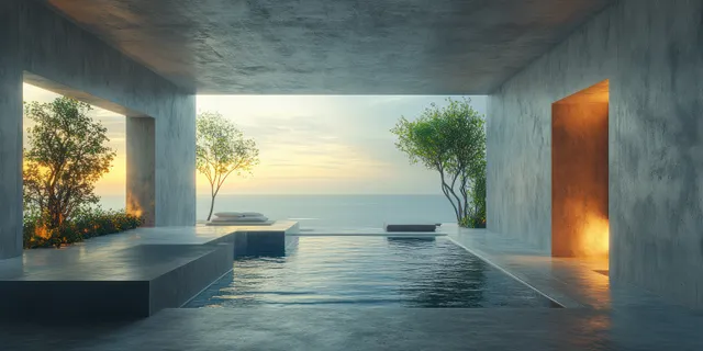 Concrete corridor interior with warm light, bench-like steps, and a framed ocean view through large archways.