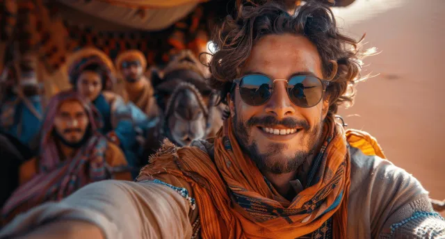 A man in an orange Moroccan headscarf takes a selfie while camel riders follow across sandy dunes.