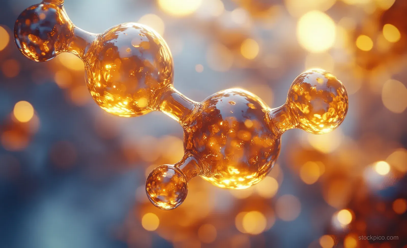 Golden molecular cluster suspended in a translucent droplet against a warm glowing bokeh background.