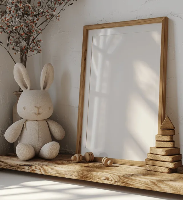 Minimalist nursery shelf scene with blank framed print, wooden toys, neutral light 3D render