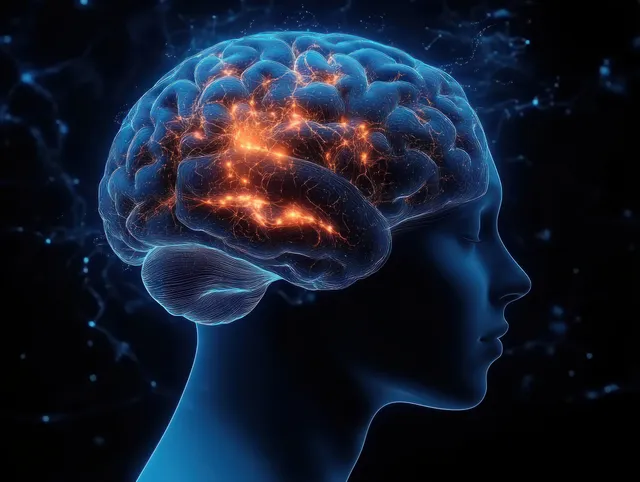 Side profile human brain illustration with glowing blue neural networks and an illuminated internal thalamus region.