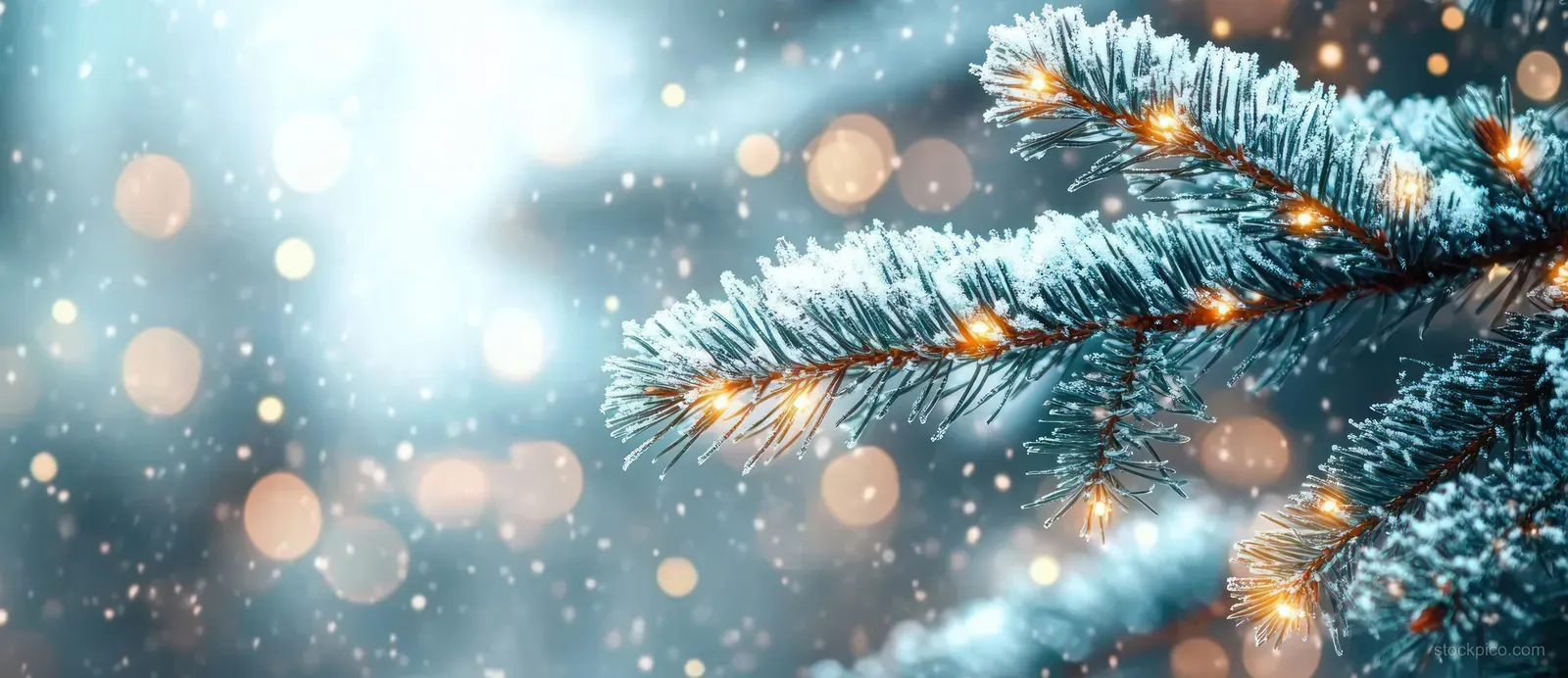 Snow-dusted pine needles on a close-up branch with warm glowing bokeh lights in the background.