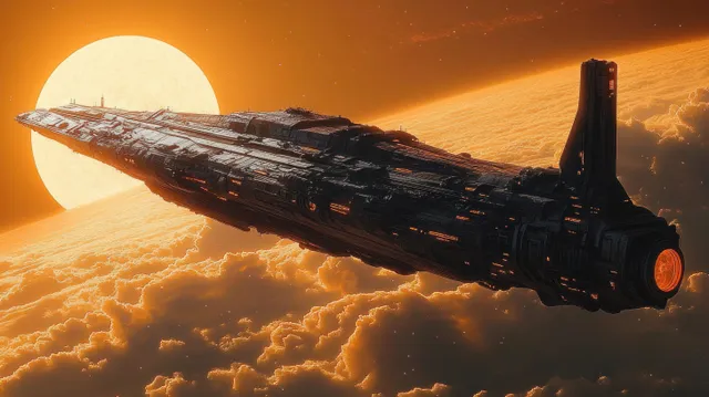Futuristic spaceship hovering above glowing orange cloud planet under bright sun