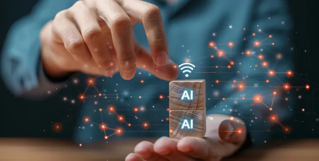 Businessman hand hovering over glowing AI icons on a dark digital network interface
