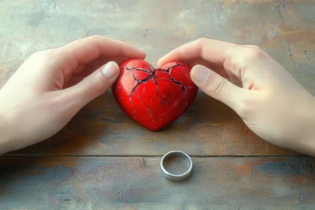 Hands holding a cracked red heart with wedding ring on worn wooden table