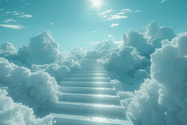 Stairway through clouds toward radiant heavenly light